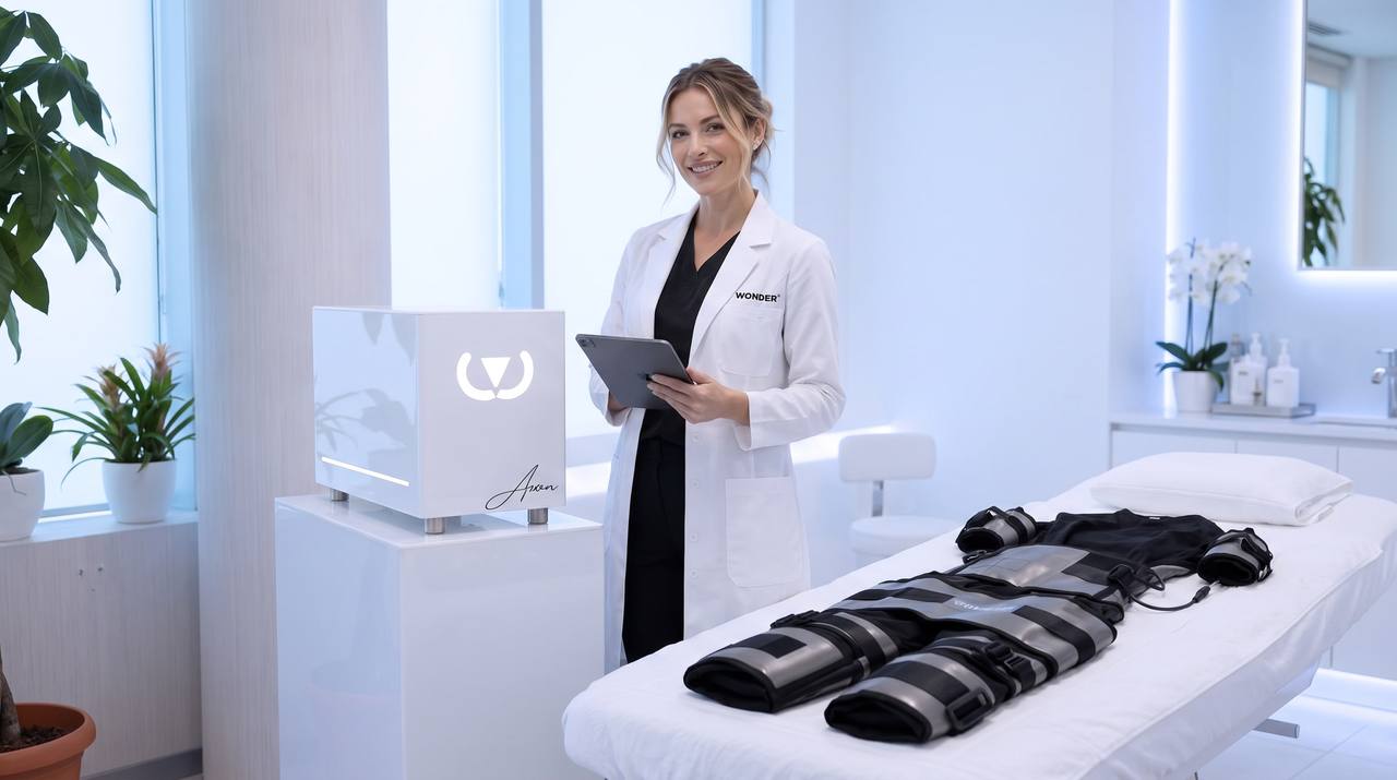 Smiling specialist in a Wonder lab coat holding a tablet, next to the Wonder Axon device and the Wonder suit ready on the treatment bed