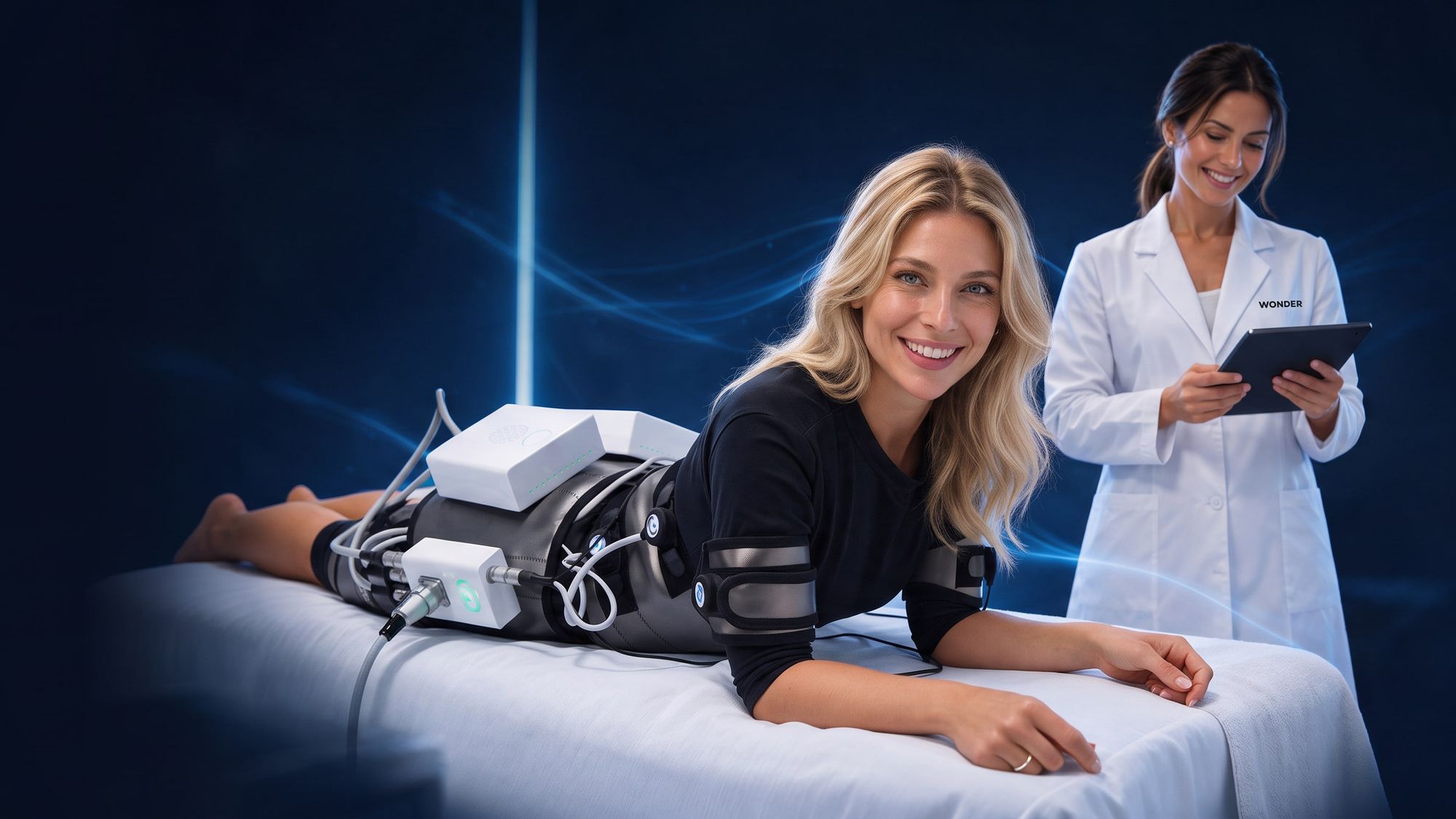 Smiling client lying in a treatment room with the Wonder bands on her legs and arms; beside her, the Wonder Axon device and a professional with a tablet