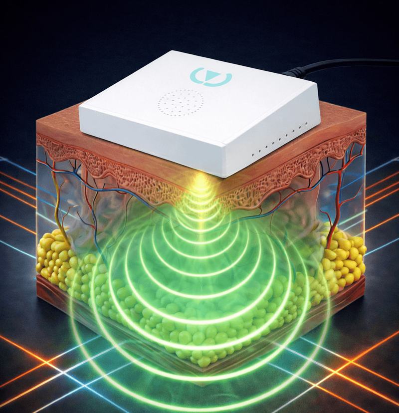 Illustration of an electromagnetic applicator with waves passing through the skin and reaching the muscle