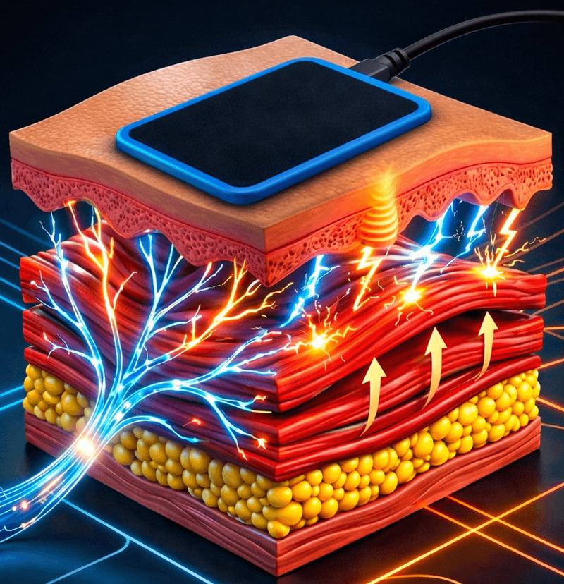 Illustration of a neuromuscular applicator with impulses running along the nerves and contracting the muscle