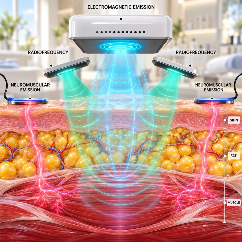 Diagram of Wonder Axon's triple emission: the electromagnetic applicator in the centre, radiofrequency on both sides and the neuromuscular emission on the skin, reaching through skin and fat to the muscle